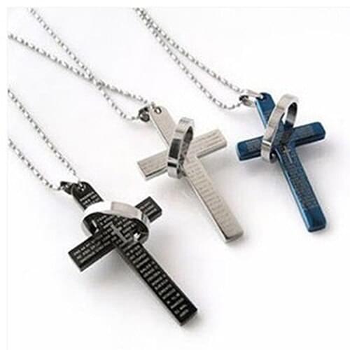 Men Cool Punk Stainless Steel Prayer Cross Pendant Beaded Necklace Jewelry