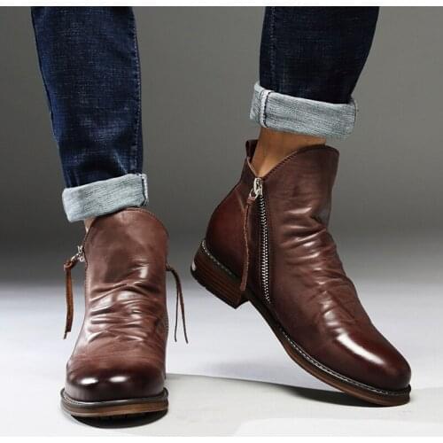 Men Leather Boots 2020 Fashion High-top Tassel Zip PU Leather Shoes Autumn Winter Ankle Boots Men Martin Boots Plus Size 48