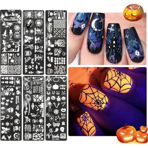 New Halloween Nail Stamping Plates Nail Art Template Ghosts Skeletons Pumpkin Spider Pattern Image Stamp Stencil Tools