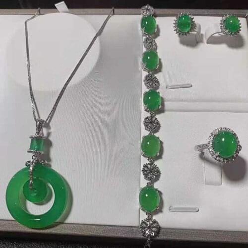 Four pieces of Natural Jade 925 silver inlaid with emerald safety buckle pendants