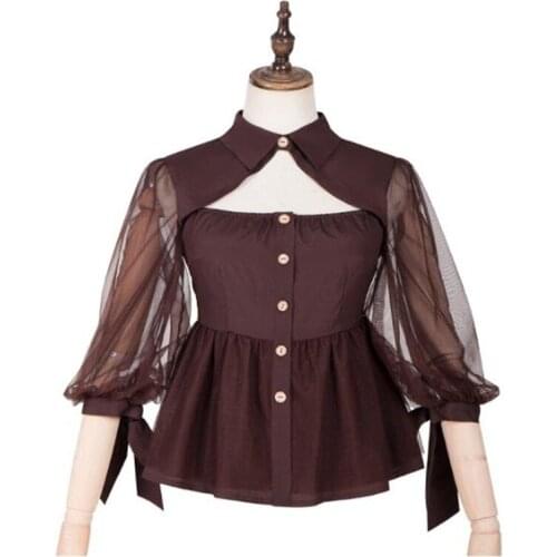 Half Illusion Blouse Triangel Cut Out High Neck Peplum Lolita Top