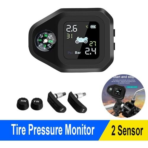 Motorcycle TPMS Motor Tire Pressure Monitoring System Tyre Temperature Alarm LCD Display 2 External Internal TH/WI Sensors