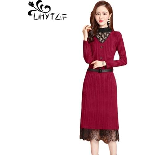 UHYTGF Knitted Dress Women Mid-Length Lace Stitching Autumn Winter Sweater Skirt Fashion Pullover Casual Bottoming Clothes 1174