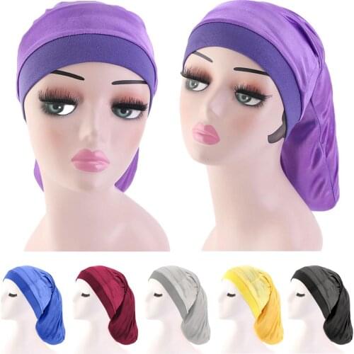 Women Hair Loss Wide Elastic Band Satin Braid Bonnet Chemo Cap Turban Hat Headscarf Cover Solid Color Beanies Skullies Fashion