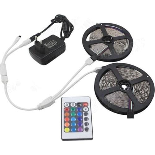 10M SMD 3528 Waterproof Dimmable RGB 600 LED Strip Light + 24 Key IR Remote + Cable Connect +EU/US Plug Adapter DC12V