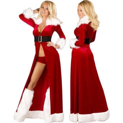 Sexy Christmas Costume Dress Women 2019 new Split Dress White Velvet Fleece Shawls Deep V-neck Dress Femme Xmas Outfit