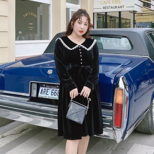 Womens Spring French Doll Collar Bellflower Velvet Dress Plus Size Knee Length Casual Dress 100 kg Can Wear