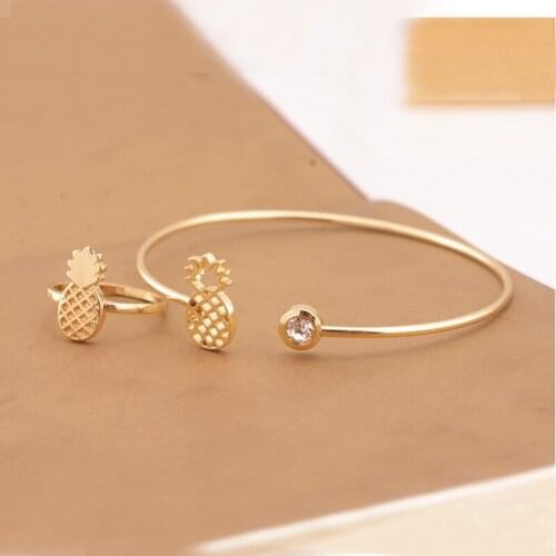 1 Set Cute Ajustable Pineapple Cuff Bangle And Ring Gold Silver Plated for Women Girl Kids Amerian Style Jewelry Sets