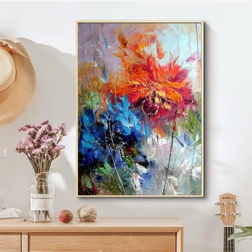 Abstract Watercolour Blue Orange Flower Oil on Canvas Painting Posters and Prints Wall Art Picture Cuadros Home Decoration
