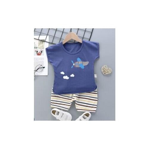 Free Shiping Toddler Baby Boys 2 PCS Outfit Set 0-5Y Cute Airplane Pattern Short Sleeve Classical Top+Striped Short Casual Set