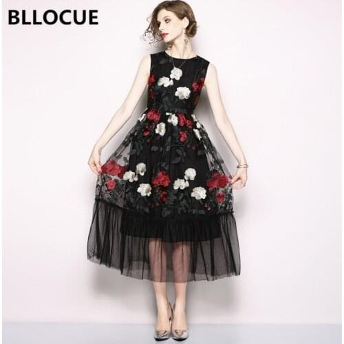 BLLOCUE Vintage Flower Embroidery Runway Dress Summer Women O-Neck Sleeveless High Waist Mesh Lady Chic Slim Party Dress