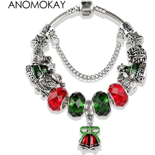 Red Enamel Christmas Bell Charm Bracelet Diy Jewelry Making Green Xmas Tree Silver Color Lobster Crystal Bead Bracelet