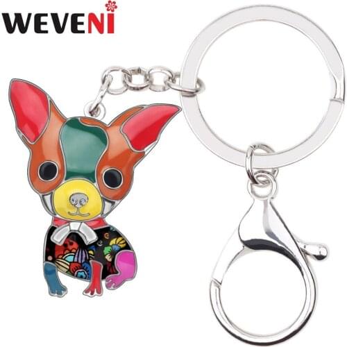 WEVENI Enamel Alloy Sitting Chihuahua Dog Key Chains Fashion Jewelry Keychains For Women Girls Bag Car Pendant Gift Accessories