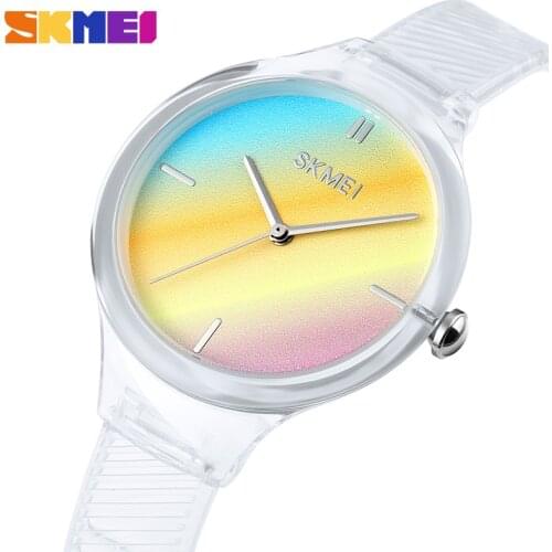 SKMEI Colorful Women Quartz Watches Fashion Transparent Case Strap Ladies Wrist Watch Thin Casual Girls Clock montre femme 1714