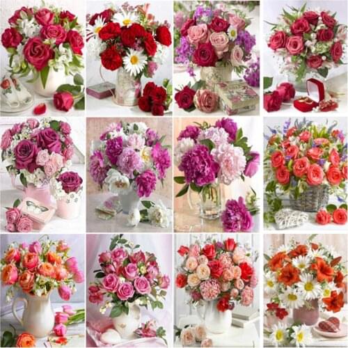 DIY 5D Diamond Painting Cross Stitch Rose Flower In Vase Needlework Diamond Embroidery Mosaic Crystal of Rhinestone Home Decor