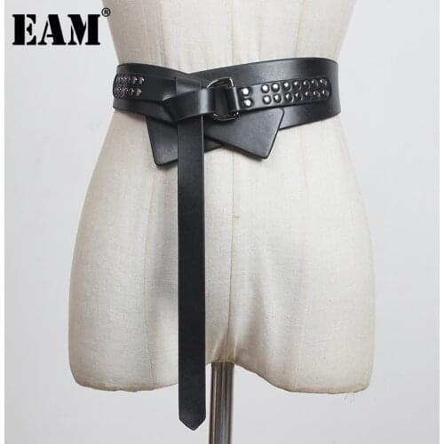 [EAM] Pu Leather Black Knot Split Joint Long Belt Personality Women New Fashion Tide All-match Spring Autumn 2021 1DD0045