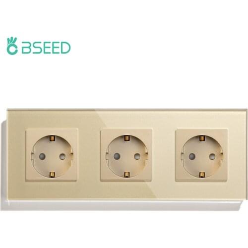 BSEED EU Wall Sockets Single Power Outlets Golden Double Frame Sockets Class Glass Panel Triple Sockets Kids Protection 16A
