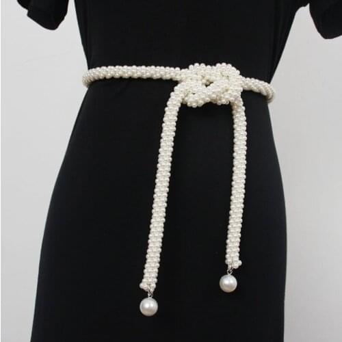 French Style Pearl String Waist Belt Self-tie Bow Waistband Pearl Weaving Sweater Shirt Dress Ceinture Summer Adjustable Belts