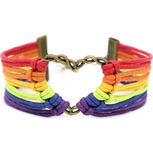LGBT Handmade Vintage Metal Heart Rainbow Woven Bracelet
