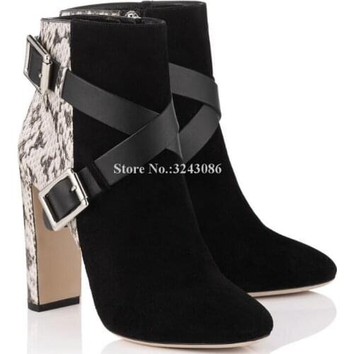 Patchwork Snakeskin Thick Heel Woman Ankle Boots Fashion Suede Chunky Heel Buckles Short Boots Lady Sexy Large Size Work Boots