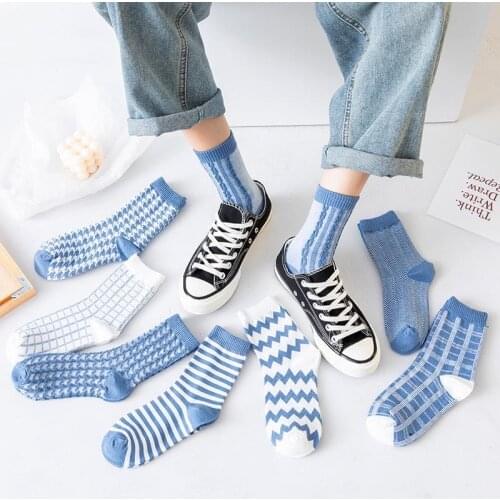 New Fashion Style Cotton Socks Womens Socks Cotton Harajuku Ladies Vintage Blue Plaid Socks Stripes Grids Tube Sock Sox