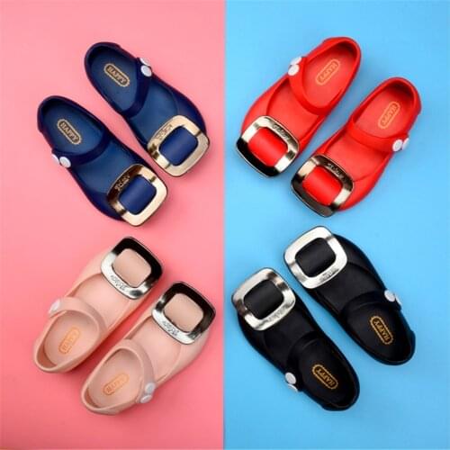 Girls New Arrival Big Squares Decor Mini Melissa Summer Sandals Casual Fashion Round Toe Jelly Shoes Summer Flat Beach Shoes