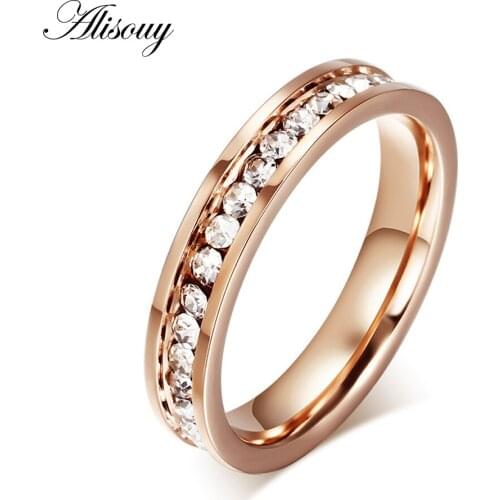 Alisouy Size 5-10 Titanium Steel Single Row CZ Ring Womens Rose Gold Filled Wedding Bands ring for women female