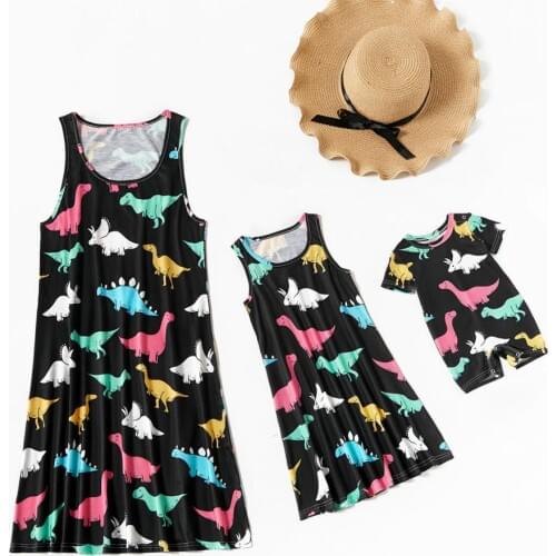 Mom Daughter Matching Outfits Sleeveless Dinosaur Family Mommy And Me Dress Baby Romper 2020 Summer Mother Daughter Son Clothes