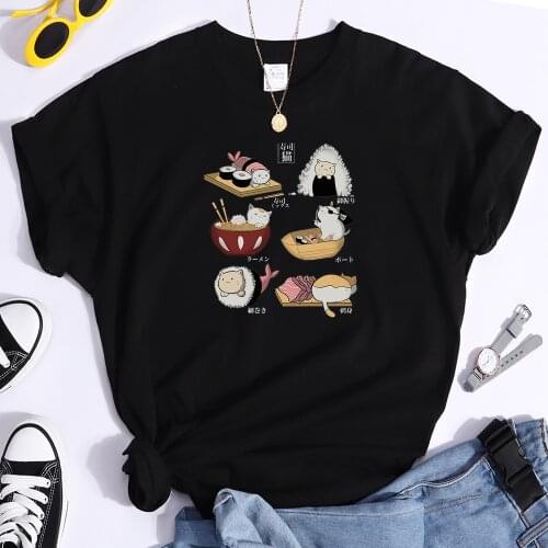 Food Cute Cat Sushi Cartoon Style Printing Womens t-Shirts Casual Style Clothing Loose T Shirt Spring Summer Womens Tshirts
