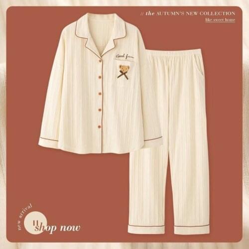 Pajamas for Women Bear Pyjamas Lady Cartoon Cute Casual Knitted Cotton Long Sleeves Trousers Pajamas Set Autumn Winter Nightgown