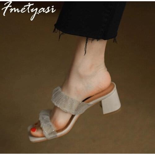Transparent Sandals for Women Mid Heel Sexy Sandals Summer Clear Crystal Square Toe Sandals Women Heel Shoes Fashion Slides New