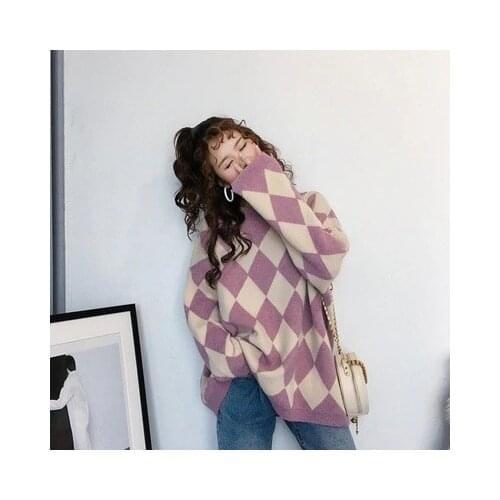 Argyle Sweater Preppy Style O-Neck Long Sleeve Knit Pullover Autumn Winter Woman Sweaters Korean Fashion Knitted Sweaters