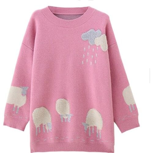 Womens Sweater Japanese Long-sleeved Round Neck Sweater Loose Pink Cute Lamb Pattern Pullover 2021 Autumn And Winter New