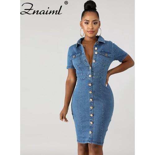 Znaiml Vintage Denim Dress Women Blue Short Sleeve Single-Breasted Package Hip Mini Dress Sexy Female Jeans Dresses Vestidos