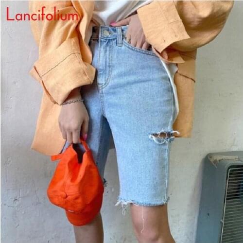 Y2k Summer Korean Vintage Distressed Bleached Washed Tassel Ripped High Waisted Jeans Shorts Knee Length Denim Shorts Women 2021