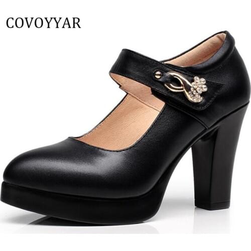 COVOYYAR 2019 Spring Work Dress Shoes Women Chunky High Heels Autumn Chic Rhinestone Genuine Leather Women Pumps Big Size WHH633