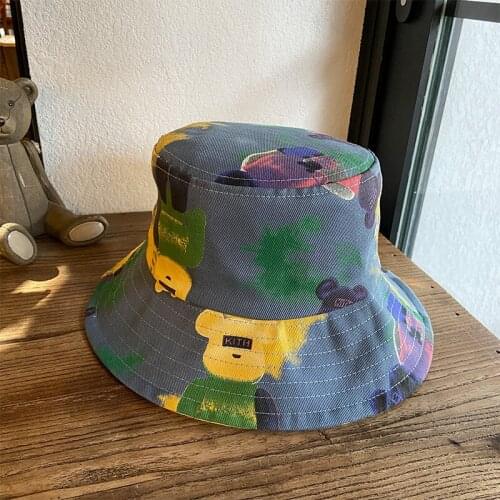 Spring Summer Woman Graffiti Fisherman Hat Cotton Polyester Casual Hip-Hop Personality Tie-Dye BearPattern Light Sun Protection