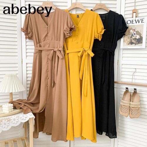 Temperament V-neck puff sleeve Dress high waist lace up waist single breasted mid-length A-line Dress 2021 New Summer