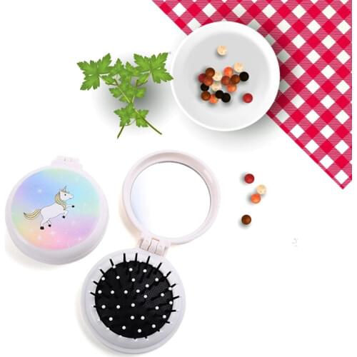 1 Pc Unicorn Girls Portable Mini Folding Comb Airbag Massage Round Travel Hair Brush With Mirror Plastic Hair Care Comb