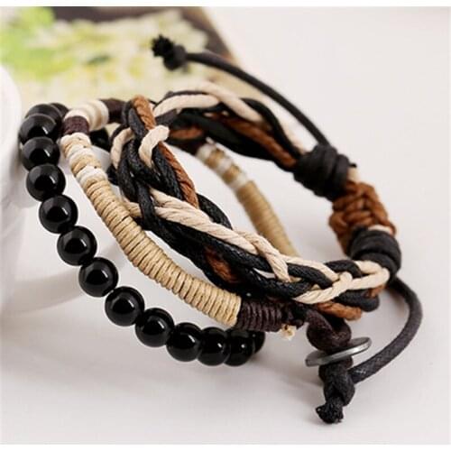 3pcs/set Boho Hippie Punk Black Onyx Beaded Bracelet Brown Cord Wrap Layers Stackable Bracelets Set for Man Wrist Jewelry