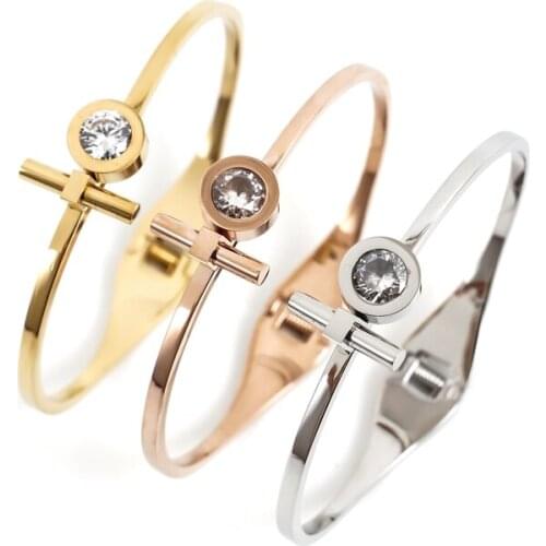 316L Stainless Steel Bangle Bracelet for Woman Crystal Rose Gold Plating Spring Wristband Engagement Wedding Party Jewelry Gift