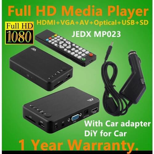 JEDX MP023 Full HD 1080P Car Media Player HDMI,AV output,3D HDTV USB SD Cardreader with Car adapter AV Cable GIFT Free shipping