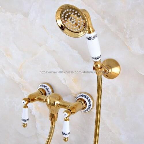 Gold Color Brass Bathroom Rainfall Hand Shower Faucet Set Mixer Tap With Hand Sprayer Wall Mounted Nna987