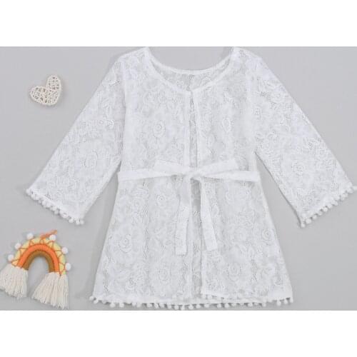 Hot Day Kids Coat Summer Lace Floral Round Neck Long Sleeve Kawaii Smock with Waist Belt for Girls White 6 Months-5 Years