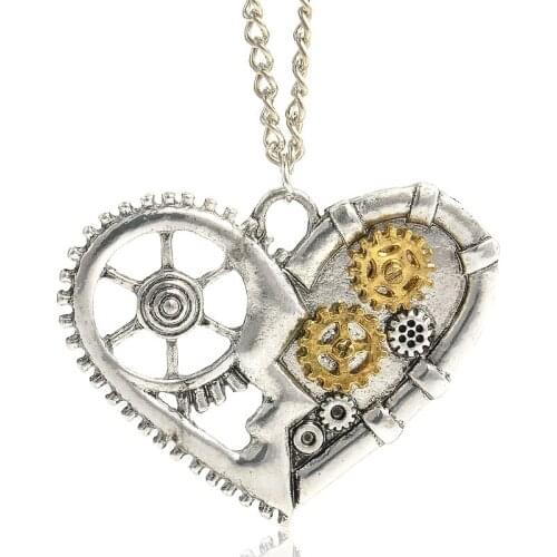 DoreenBeads Punk Hollow Heart Key Butterfly Necklace Zinc Based Alloy Antique Silver Color Gear Clear Rhinestone long, 1 Piece