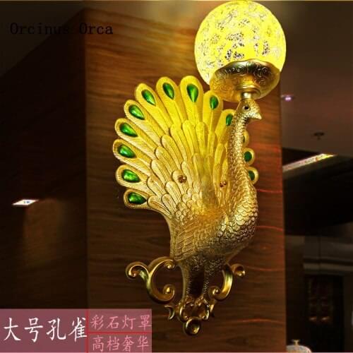 European luxury painted peacock wall lamp living room corridor bedroom bedside lamp creative decoration Golden crystal wall lamp