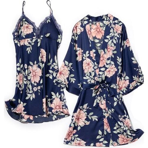 V-Neck Robe Set With Lace Women Nightwear Sexy Intimate Lingerie Loose Sleepwear Summer Kimono Dressing Gown Satin Nightgown