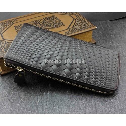 Mens Woven Sytel Genuine Leather Zipper Business Wallet Biker HandBag