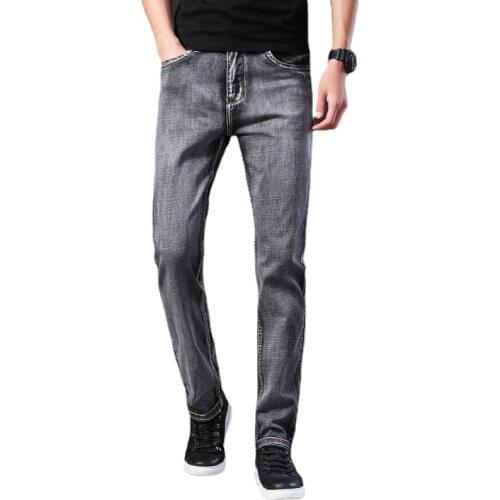2021 New Mens Thin Jeans Classic Style Business Casual Advanced Stretch Regular Fit Denim Trousers Grey Blue Pants Male