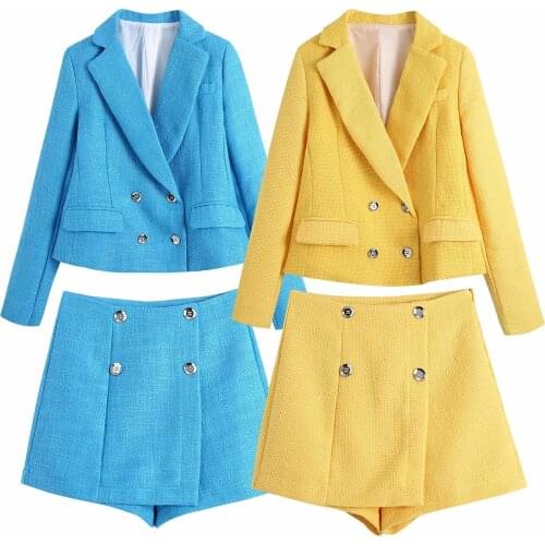 2021 Autumn Women Sets Double-breasted Casual Loose Long-sleeved Blazer Coat and Shorts Solid Fall Sets